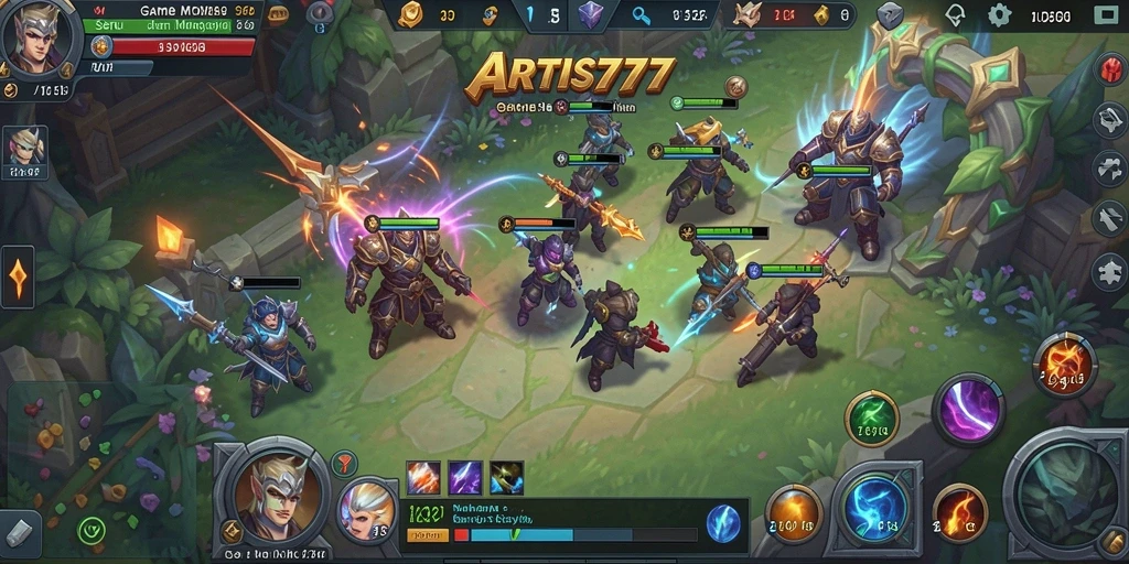 Screenshot utama ARTIS777 menampilkan aksi intens bertarung dalam gameplay MOBA.