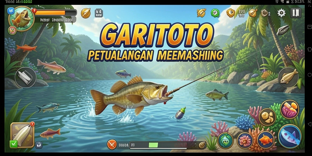 Screenshot GARITOTO menampilkan pemain menangkap ikan di danau yang indah.