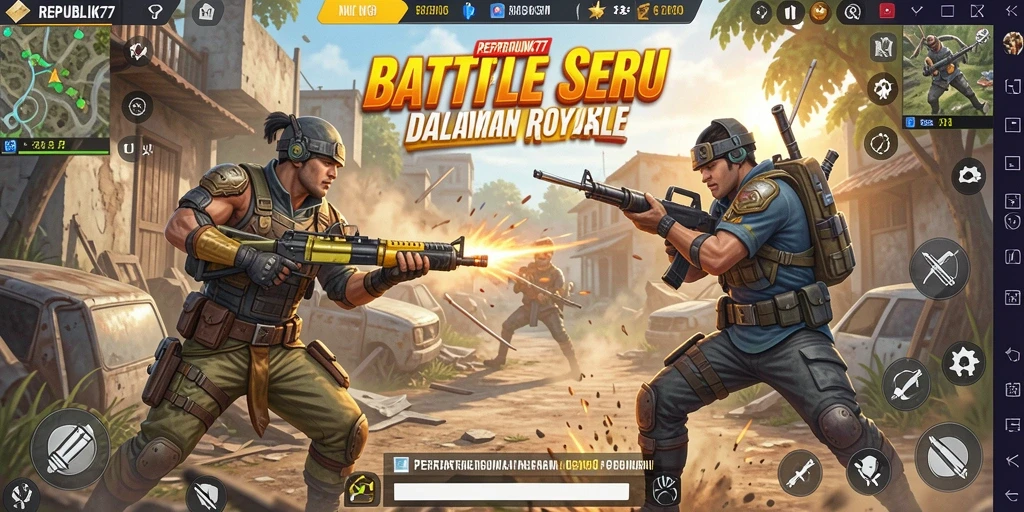 Tampilan gameplay <strong>REPUBLIK77</strong> yang mendebarkan dalam pertempuran Battle Royale.