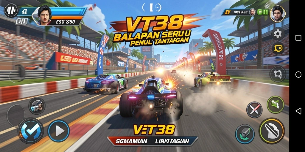 Tampilan gameplay VT38 dengan mobil balap di lintasan yang menantang.